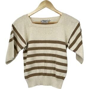 VTG West Coast Connection Cream Striped Short Sleeve Sweater Women's M Academia